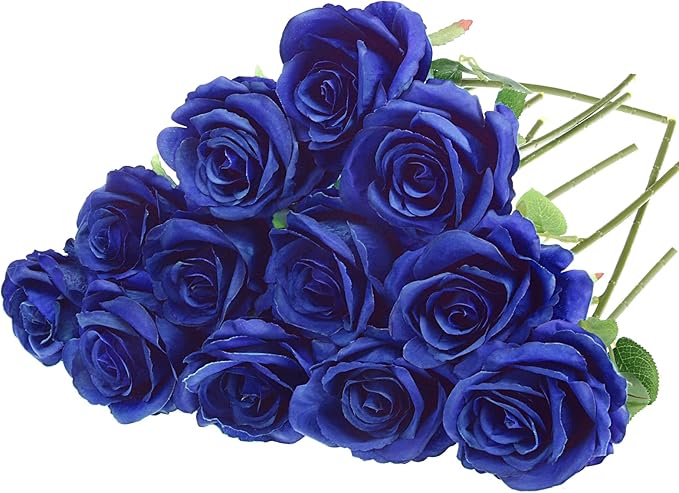 Felice Arts 12 Pack Royal Blue Artificial Flowers Blue Roses with Stems Silk Roses Fake Flowers Bouquet for Wedding Graduation Centerpiece Table Vase Home Kitchen Party DIY Decor