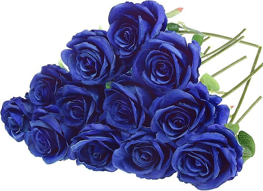Felice Arts 12 Pack Royal Blue Artificial Flowers Blue Roses with Stems Silk Roses Fake Flowers Bouquet for Wedding Graduation Centerpiece Table Vase Home Kitchen Party DIY Decor