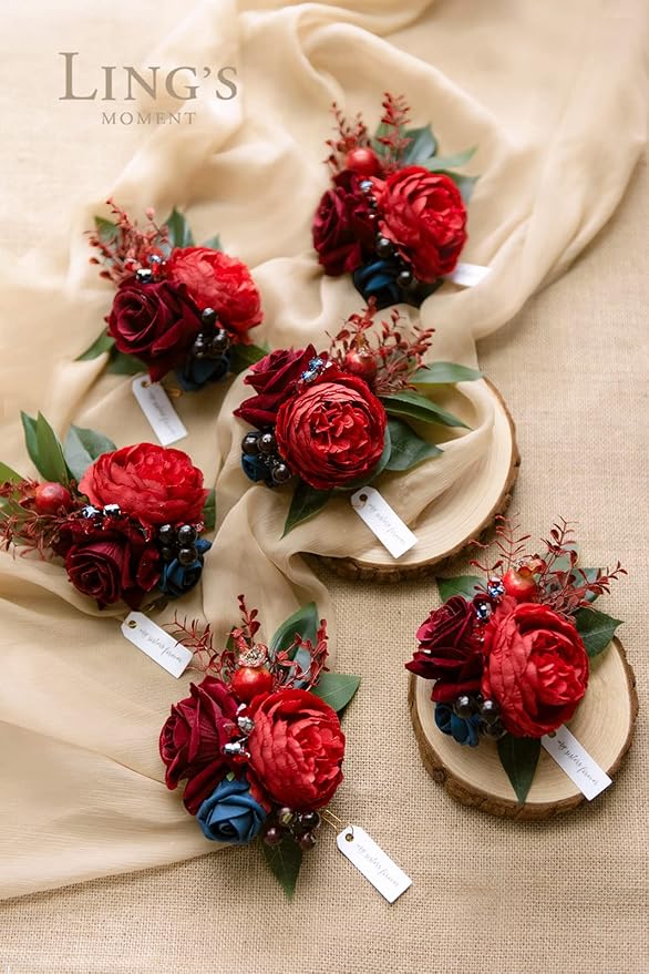 Ling's moment 6pcs Wedding Wrist Corsage Artificial Flowers, Girl/Mother Homecoming Prom Corsages Wristlet Décor, etc. Burgundy and Navy Blue