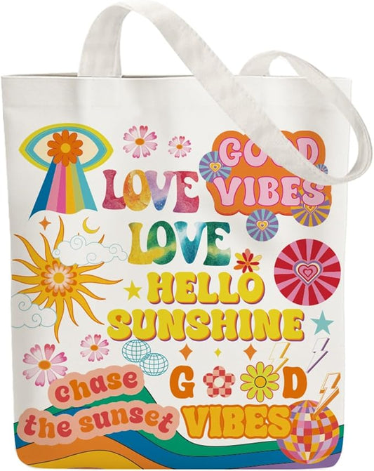 ANATTASOUL Canvas Tote Bag Boho Elements Reusable Cotton Bag for Women, Durable Cloth Shoulder Bags with Zipper Pockets for Shopping, Vacation, Work, Gym