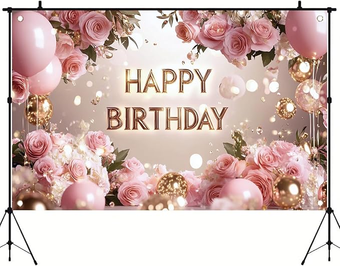Pink Rose Happy Birthday Backdrop Banner Gold Letters Floral Photography Background Girls Birthday Party Decorations Elegant Party Supplies Photo Booth Props 71x43 Inch