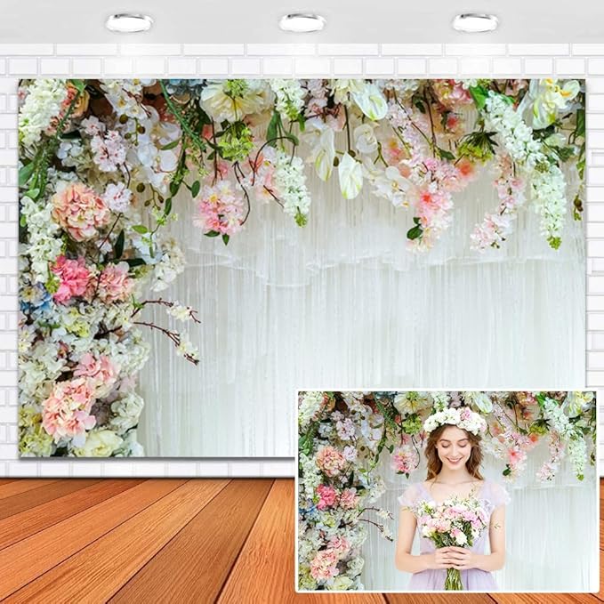 Leowefowa White Flower Wall Backdrop for Wedding Decor Romantic Pink Roses Floral Wall Photography Background for Wedding Birthday Party Banner Decorations Backdrop Photo Booth Props 10x8ft Vinyl