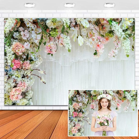 Leowefowa White Flower Wall Backdrop for Wedding Decor Romantic Pink Roses Floral Wall Photography Background for Wedding Birthday Party Banner Decorations Backdrop Photo Booth Props 10x8ft Vinyl