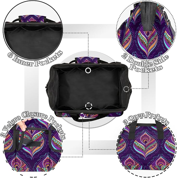 Purple Paisley Tool Bag for Men Women Multi-Pockets Wide Mouth Tool Storage Bags 14.8 Inch Waterproof Heavy Duty Tool Bag Organizer for Electrician Mechanic Plumbers Handymen