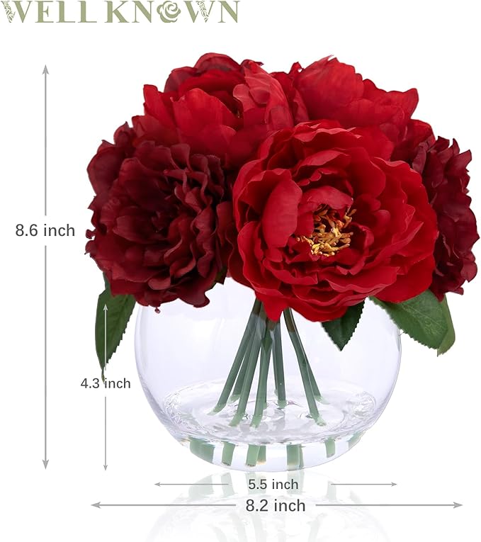 WELL KNOWN Artificial Flowers in Vase, Silk Peonies Flowers for Vase with Faux Water, Fake Flower Arrangements for Thanksgiving Fall Winter Coffee Dinning Table Centerpieces Decor (Burgundy Red)