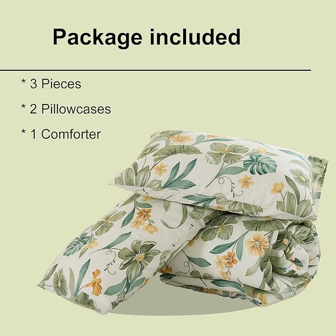 Green Floral Comforter Set King 100% Cotton Garden Style Bedding Flower Leaf Botanical Bed Chic Boho Home Decor