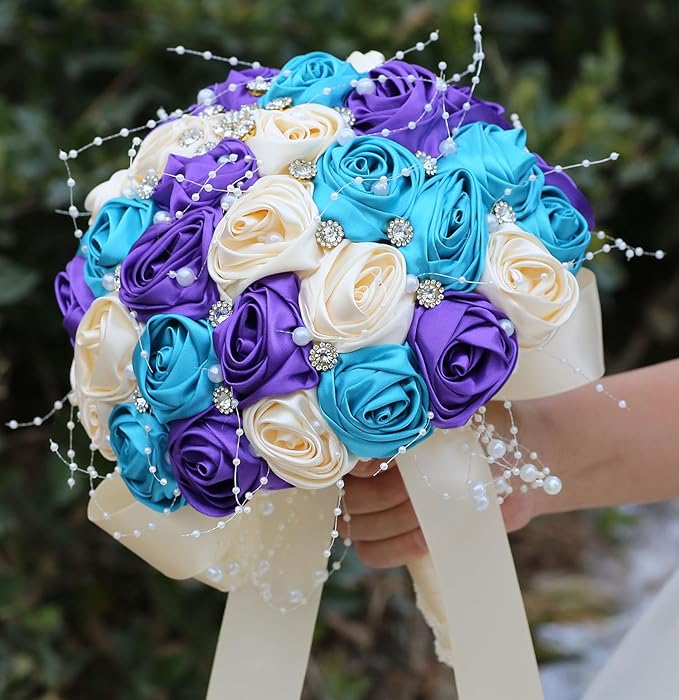 Bridal Wedding Bouquet Round Bling Brooch Bouquet Throw Toss Artificial Rose Flower Bunch for Bride Bridesmaid Wedding Quinceanera(Teal Blue, Purple & Cream, 9.8")