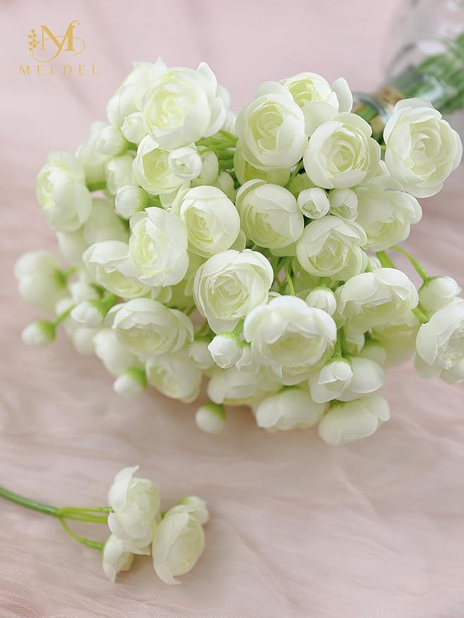 Meldel 32Pcs Ranunculus Artificial Flower, Faux Silk Mini Ivory White Ranunculus Flowers for DIY Bouquet, Bulk Fake Peony Wedding Filler Flowers for Centerpieces Arrangements Bridal Shower Decorations
