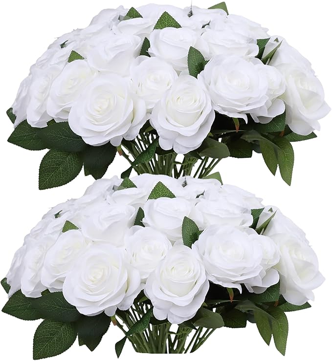 52pcs White Roses Artificial Flowers Ivory Fake Flowers Silk Roses with Stems for DIY Wedding Bouquets Bridal Shower Centerpieces Arrangements Party Decorations