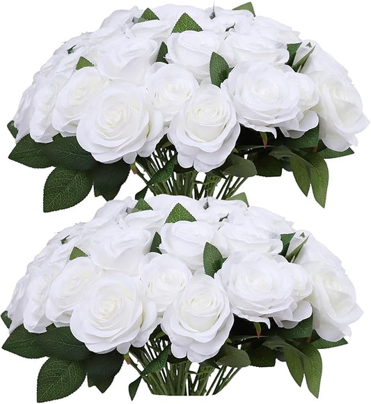 52pcs White Roses Artificial Flowers Ivory Fake Flowers Silk Roses with Stems for DIY Wedding Bouquets Bridal Shower Centerpieces Arrangements Party Decorations