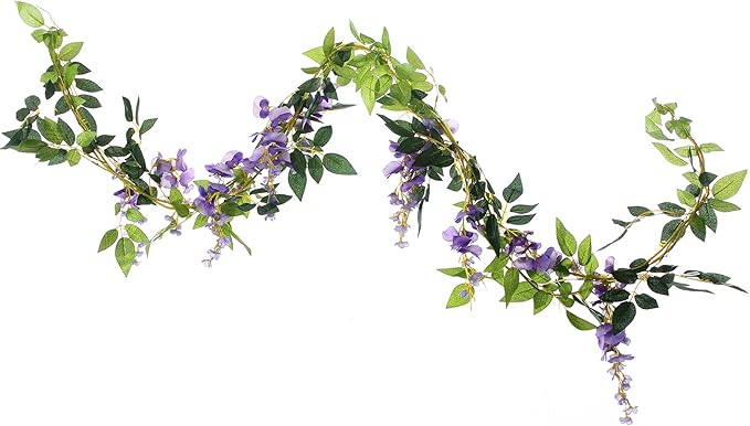 2Pcs 6.6Ft Artificial Flowers Vines Silk Wisteria Artificial Garlands Fake Hanging Green Leaf Flower Ivy Vines for Home Garden Wedding Arch Decor, Purple