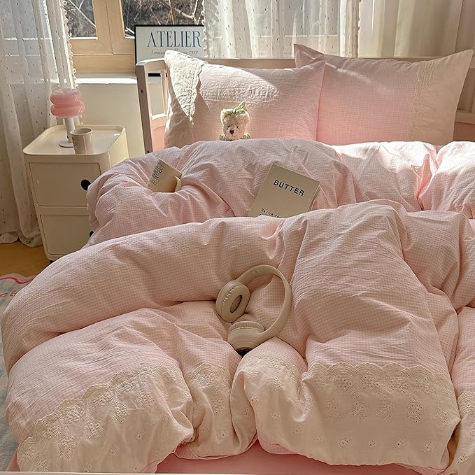 LifeTB Pink Gingham Comforter Set King Fluffy Soft Microfiber Pink Grid Bedding Comforter Romantic Lace Style Farmhouse Gingham Bedding Set Vintage Plaid Checkered Comforter Set for All Seasons