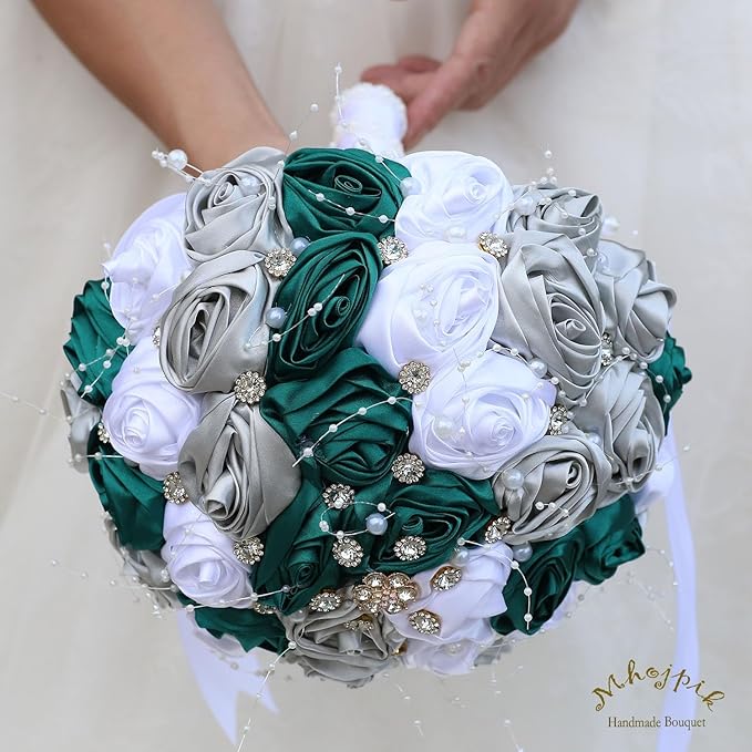 Bridal Wedding Bouquet Round Bling Brooch Bouquet Throw Toss Artificial Rose Flower Bunch for Bride Bridesmaid Wedding Quinceanera(Dark Green, Silver & White, 9.8")