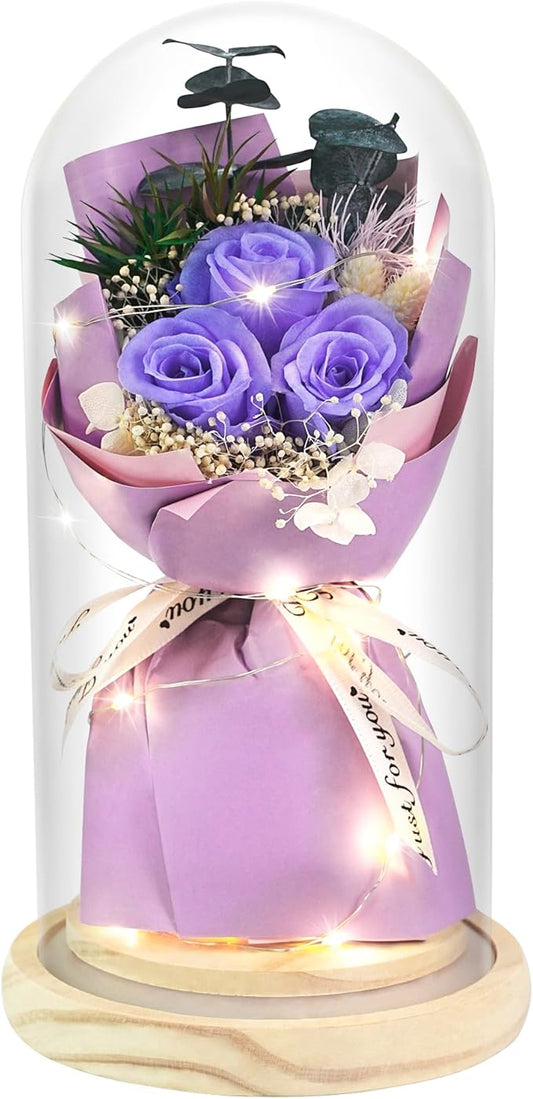 HVY Preserved Flower Bouquet Gift for Her,Forever Fresh Flowers for Delivery Prime Preserved Roses in Glass with LED Light Mothers Day Birthday Gifts for Mom,Wife,Grandma, Purple Rose