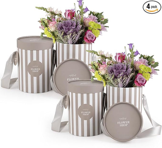 Striped Flower Hat Box 4 Pack | Round Flower Boxes for Arrangements | Satin Ribbon Handle & Waterproof Liner | Gift Box for Flowers with Lids