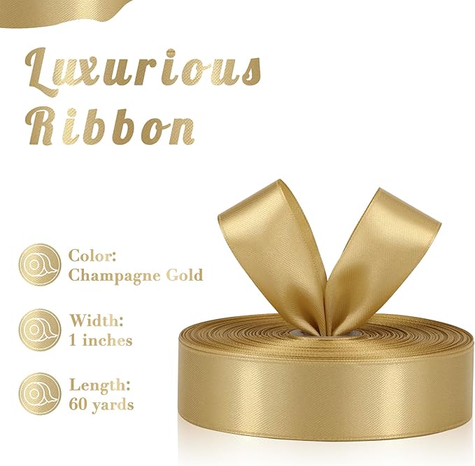Champagne Gold Ribbon 1 Inch 60 Yards, Gold Satin Ribbon for Flower Bouquet, Graduation Lei, Crafts, Gift Wrapping, Baby Shower, Christmas and Wedding