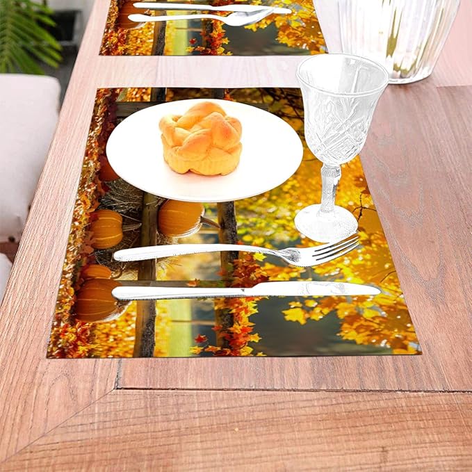 PVC Placemats Set of 4 Wipeable Table Mats Washable Heat Resistant Non Slip Vinyl Dining Table Mat for Kitchen Indoor Outdoor Patio Farmhouse Place Mats Autumn Pumpkin Maple Decorative