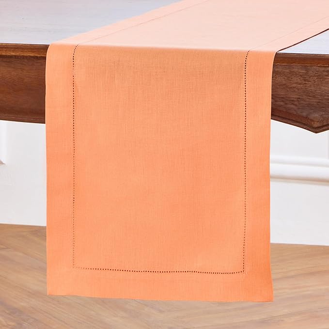Solino Home Linen Coral Table Runner 120 Inches Long - 100% Pure Linen Hemstitch 14 x 120 Inch Table Runner for Dining, Valentines, Spring, Easter - Classic Hemstitch