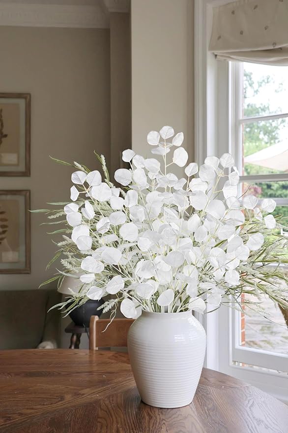 DILATATA Faux White Eucalyptus Stems – 32” Artificial Willow Leaves, 5 Pcs Long White Eucalyptus Branches for DIY Bouquets, Centerpieces, Shower & Wedding Decorations