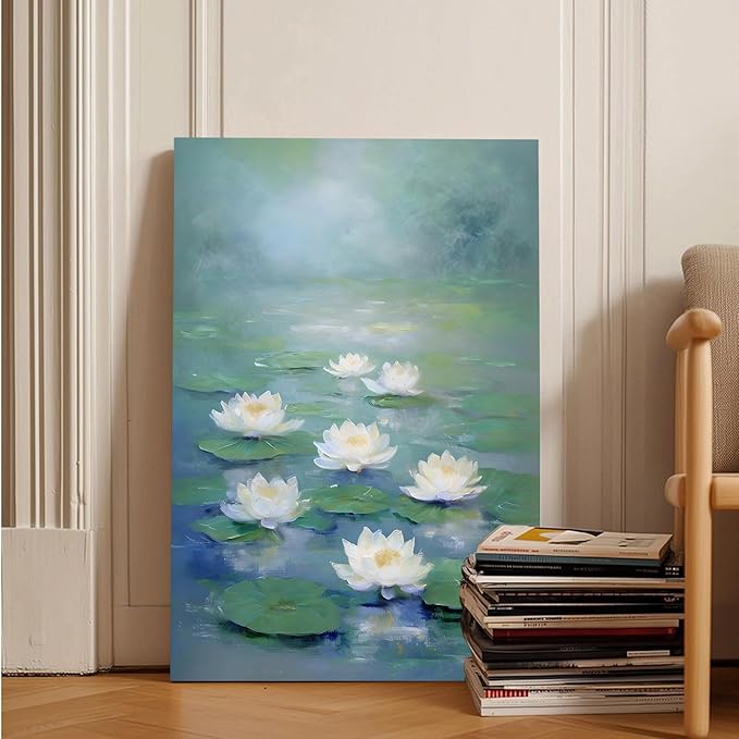 Zen wall art Delicate white lotus flower floating on calm water Vintage oil painting print Serene aquatic wall art creates a tranquil home decor 24x36in Frameless