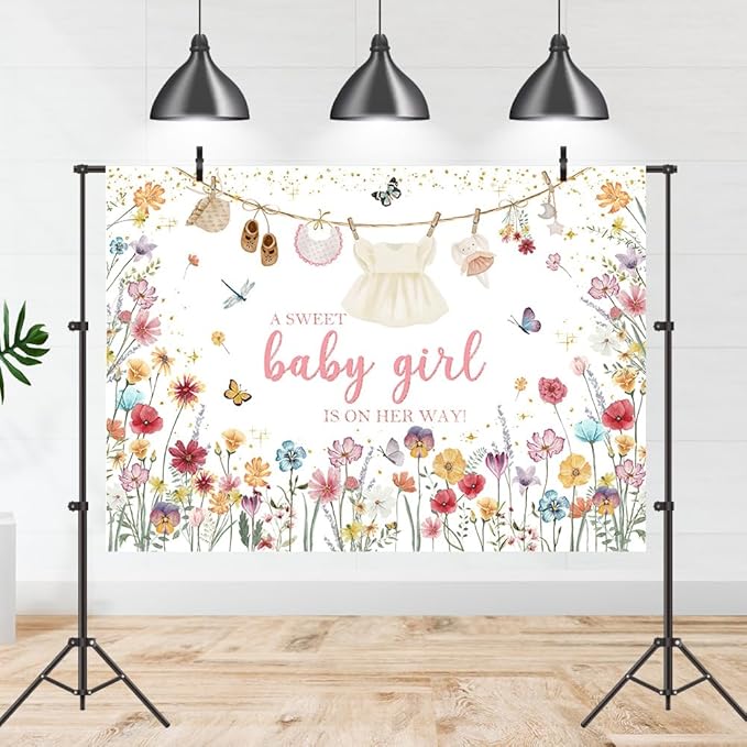 Wildflower Baby Shower Backdrop 7x5ft A Sweet Baby Girl is on Her Way Baby Shower Party Decorations for Girls Cute Clothes Photography Background