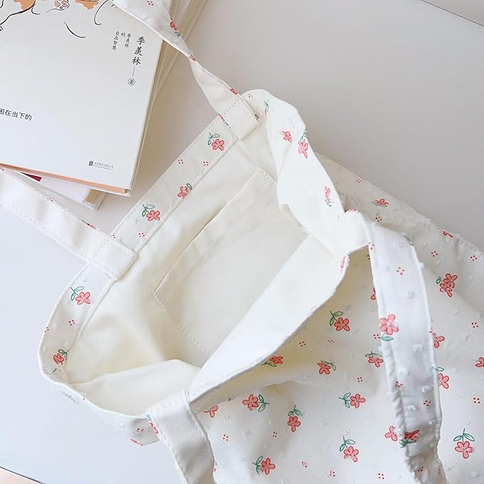 Cotton Canvas Tote Bag Reusable Soft Grocery Cloth Bag Floral Shoulder Bag for Beach Travel Shopping