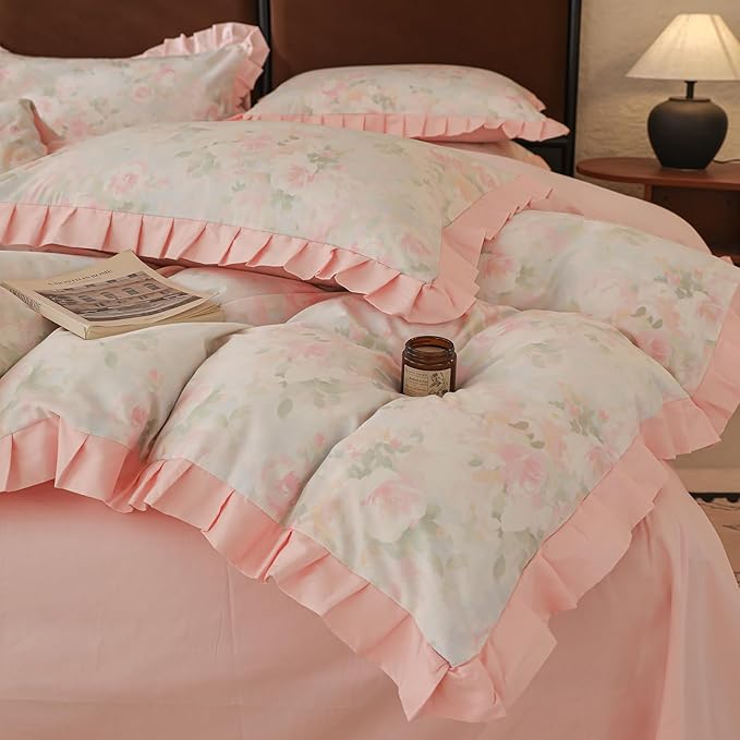Pink Ruffle Duvet Cover Set Queen 100% Cotton Vintage Floral Comforter Cover Girls Flower Duvet Cover Romantic Princess Bedding Lace Comforter Cover with Zipper Ties Breathable Floral Bedding Queen
