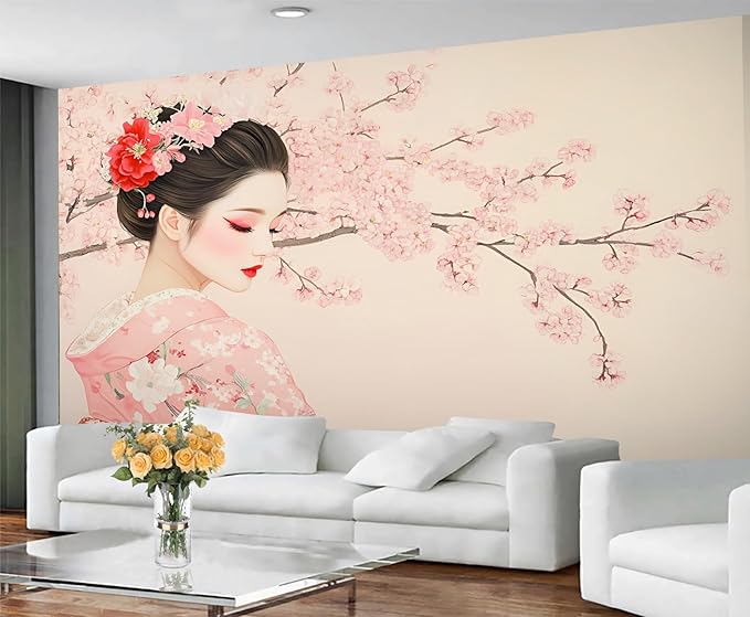 Japanese Cherry Blossom Wall Mural, Kimono Woman Geisha 3D Wall Murals, Oriental Beauty Wallpaper Mural, for Living Room Bedroom Large Wallpaper Indoor Decor 98.4" W x68.9 H