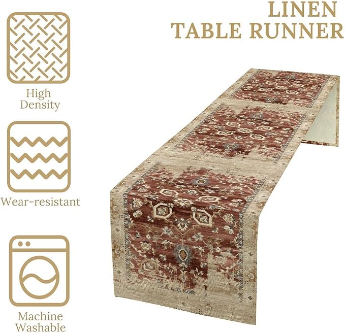 Vintage Persian Table Runner, Boho Ornate Medallion Rust Flower Oriental Style Table Runner for Kitchen Dining Indoor Outdoor Home Party Decor, 13x120 Inch