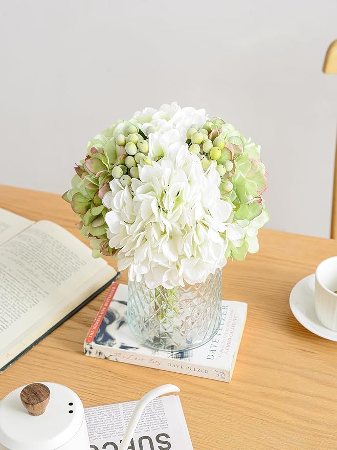 Wracra Hydrangeas Floral Arrangement in Glass Vase, Fake Flowers Silk Hydrangea Artificial Flowers with Vase for Home Office Decoration, Dining Table Centerpiece(Green)