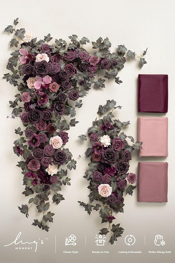Ling's moment Wedding Arch Flowers with Sheer Drapes Kit - Artificial Deep Plum Floral Arrangements for Ceremony Backdrop, Arbor Decor, 5-Piece Set (2 Flower Stems + 3 Hanging Drapes)