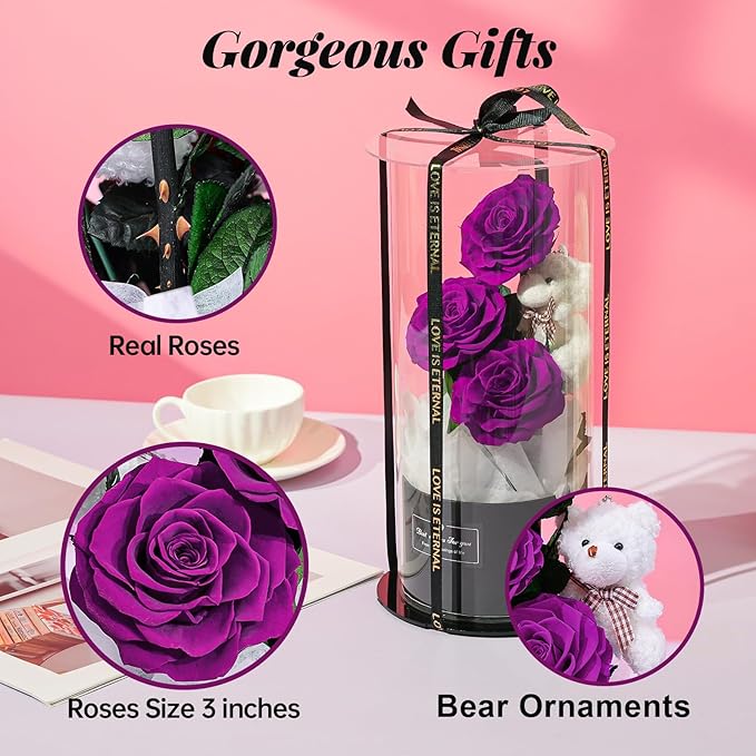 Flowers Forever Roses in A Box, 3 Real Roses with Stems and Bear, Eternal Rose Gifts for Her,Birthday Gifts for Women, Mom,Girlfriend,Grandma,Daughter,Purple