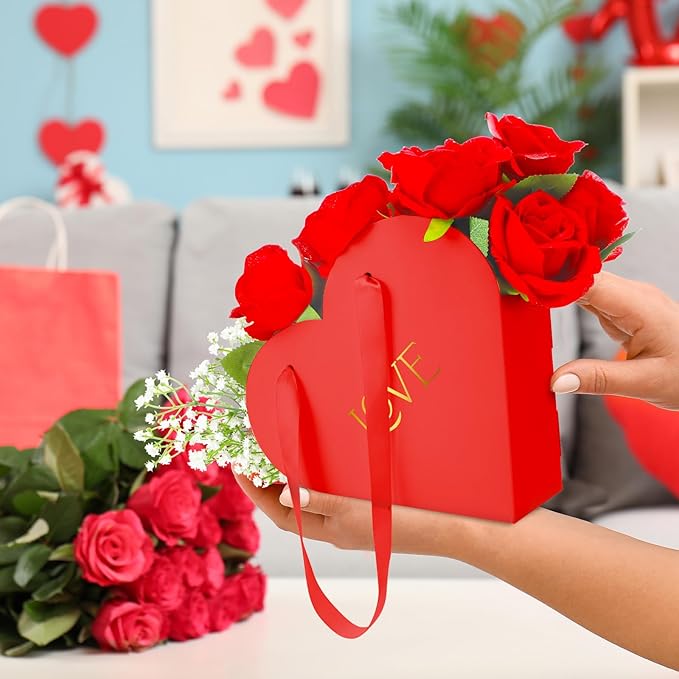 Kolldenn 12 Pcs Heart Shaped Flowers Boxes Christmas Bouquet Storage Bucket Valentine's Day Floral Boxes for Arrangements Paper Floral Bag with Handle Basket Handbag for Florist Bridal Shower(Red)