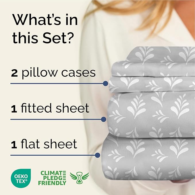 Floral Sheets - Grey & White Bed Sheet Set - 1 Flat, 1 Fitted & 2 Pillowcases w/ Deep Pockets - Comfy, Wrinkle & Fade Free - Boho Botanical Bedding - Ultra-Soft, Breathable & Cooling - King Size Set
