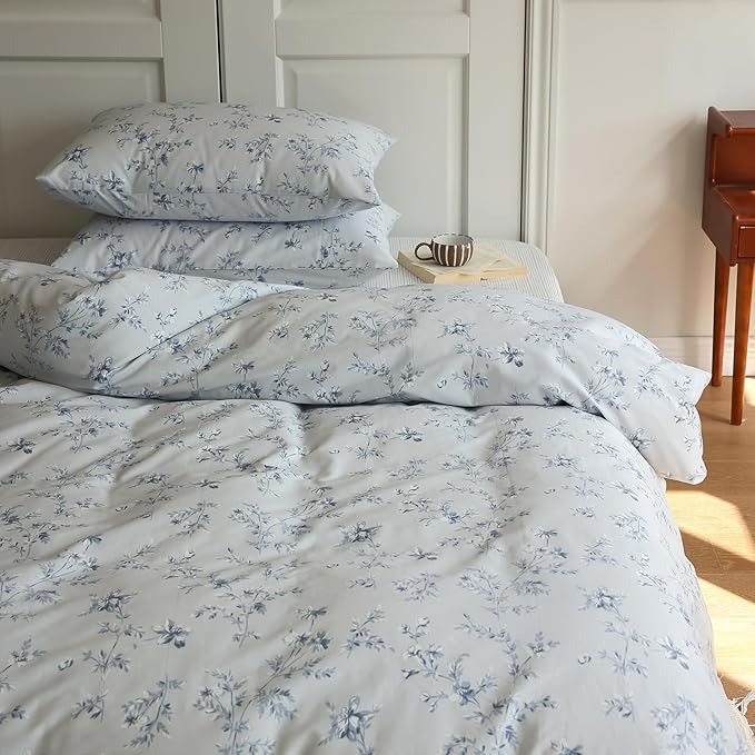 LifeTB 3 Pieces Duvet Cover Twin XL Blue Floral Print Duvet Cover Coquette Bedding Set Vintage Flower Duvet Cover Soft Cotton Comforter Cover Boho Cottagecore Duvet Cover with Zipper Closure