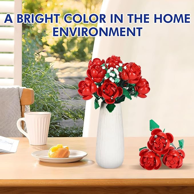 780 PCS Red Rose Building Flower Bouquet Kit for Adults & Kids, DIY Artificial Flowers Set for Home Decor, Desk Display, Gifts for Women, Girls (Red Rose)