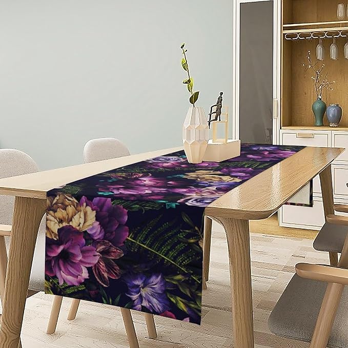 Gothic Flower Table Runner, Watercolor Vintage Dark Purple Floral Romantic Flower Blooming Table Runner for Home Kitchen Dining Table Decor, 13x70inch