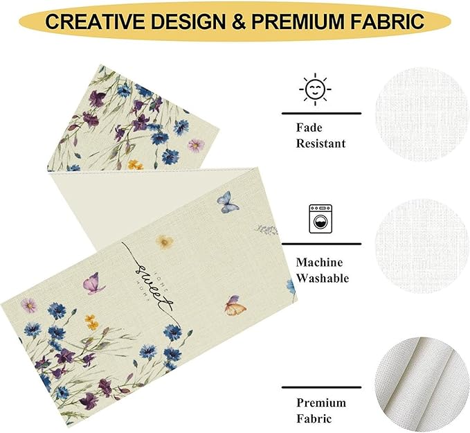 Blue Floral Table Runner, Spring Summer Watercolor Wildflower Butterfly Country Farmhouse Coffee Table Center Decor for Home Kitchen Dining Patio Holiday Party Table Decorations 13x72 inches