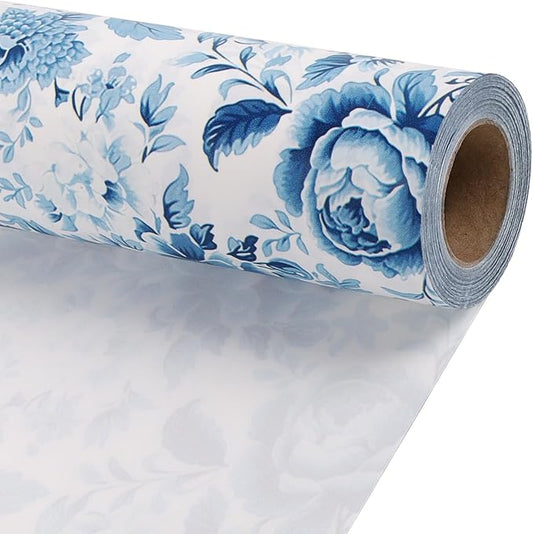 BIOBROWN Floral Wrapping Paper Jumbo Roll - 30 Inch X 33 Feet (82.5 sq. ft. ttl.) Blue White Peony Design Chinoiserie Gift Wrap Stone Paper for Christmas, Wedding, Bridal Shower, Mother's Day