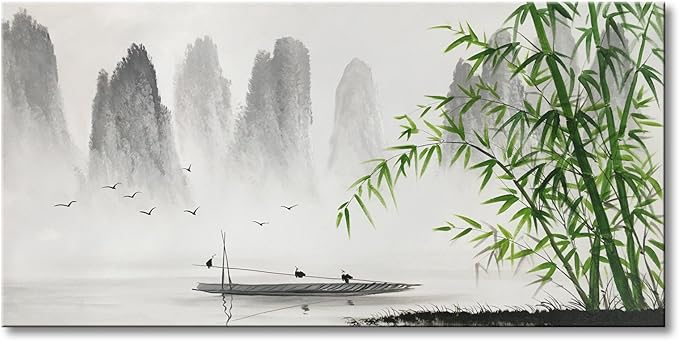 Large Hand Painted Traditional Chinese Painting Black and White Modern Landscape Canvas Wall Art Handmade Bamboo Artwork