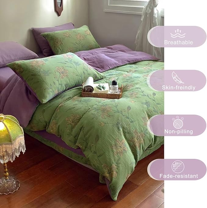 VM VOUGEMARKET Green Flower Duvet Cover Set Twin,3Pcs Yarn-Dyed Linen Cotton Jacquard Duvet Cover with 2 Pillowcases Garden Style Green Purple Bedding Set for Girls Women Without Comforter