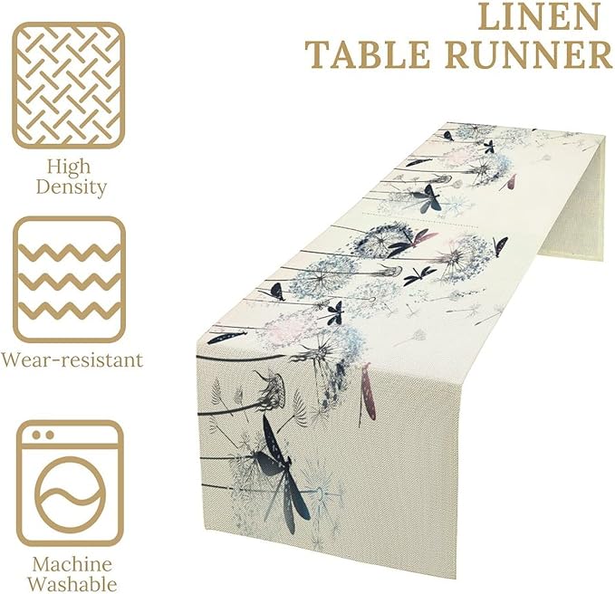 Dandelion Table Runner,Nature Rustic Dragonfly Teal Blue Floral Pattern Print Burlap Tablecloth for Hotel Indoors Outdoor Dining Room Kitchen Table Decor, 13x36in