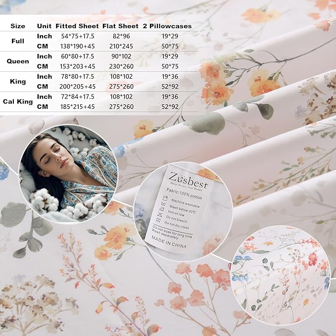 Zusbest Floral Bed Sheets Full Size Percale Cotton Orange Blue Flower Sheets Set Green Botanical Printed on White Patterned Deep Pocket Sheets, Crisp Soft Breathable for Hot Sleepers, 4 Pcs, Full