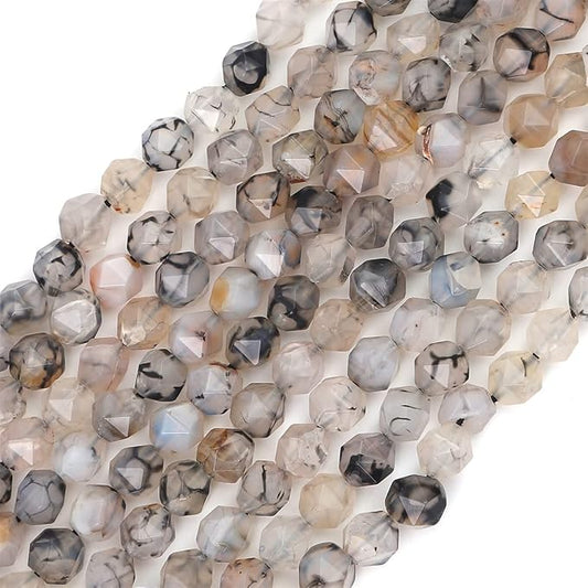 Faceted Natural Black Dragon Agate Stone Round Beads 8mm 36cm/Strand for Jewelry Making