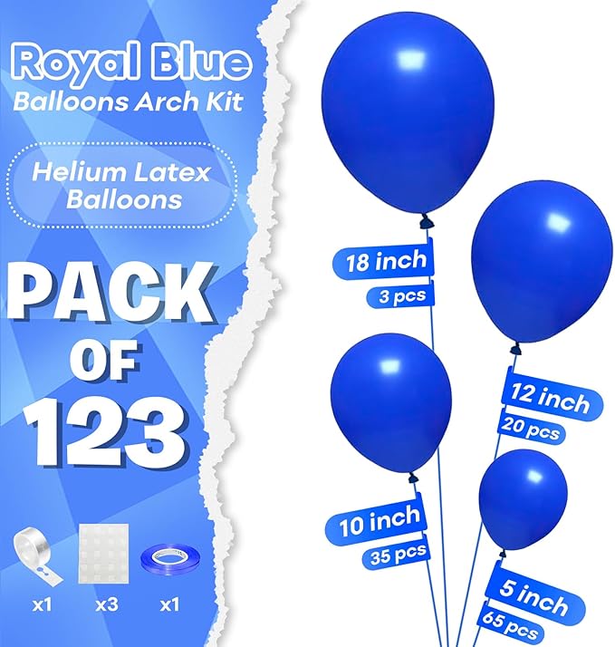 Togvu Royal Blue Balloons Different Sizes, 123 Packs Matte Blue Balloons, Pack of 18 12 10 5 Inch Premium Balloons Garland Arch Kit for Birthday Graduation Baseball Nautical Party Decorations