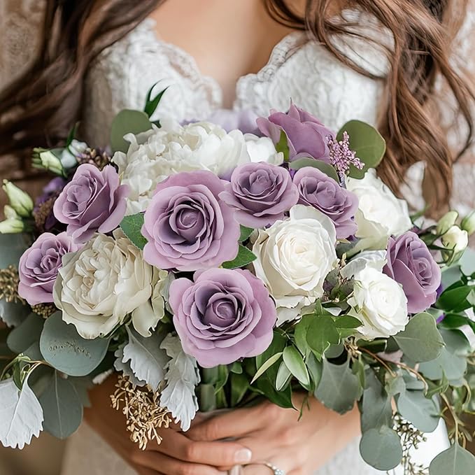 Felice Arts 12 Pack Purple Roses Artificial Flowers with Stems Fake Flowers Bouquet Silk Lilac Roses for Wedding Centerpiece Table Vase Home Kitchen Party DIY Decor