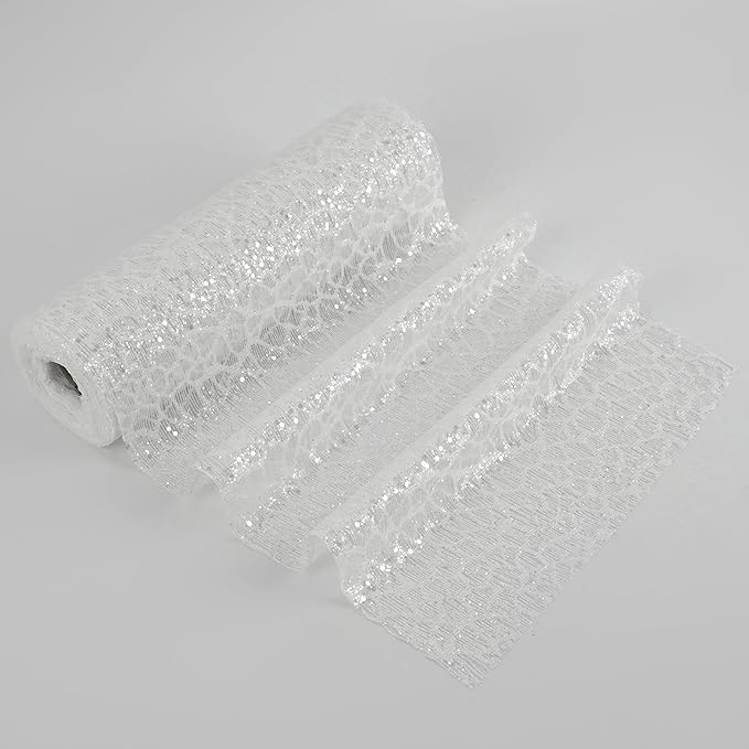 MEEDEE White Glitter Mesh Web Ribbon 10 Inch Wide by 10 Yards Roll White Fabric Ribbon Decorative Mesh Ribbon for Christmas Tree, Garland, Wreaths, Bows, Holiday Crafts, Home Decor