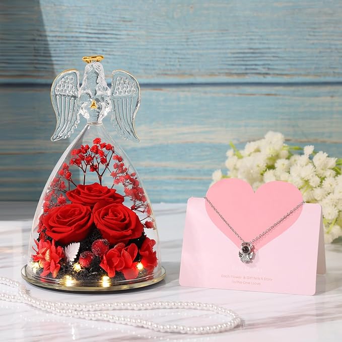 ANWEAO Preserved Flowers Birthday Gifts for Her Preserved Real Rose in Angel Glass Crystal Angel Figurines for Her Ideal Birthday,Mother's Day,Wedding,Valentine's,Christmas,Thanksgiving Day