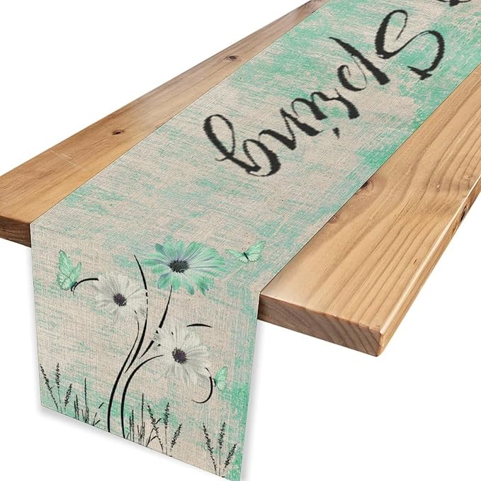 Daisy Floral Table Runner, Rustic Sunflower Wild Flowers Wooden Spring Teal Decor for Family Kitchen Farmhouse Holiday Party Table Decorations Indoor Outdoor 13x36 inch