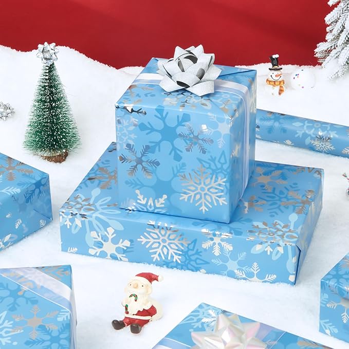 WERNNSAI Christmas Wrapping Paper Roll - 1 Roll 17”x 33 ft Blue Christmas Snowflake Wrapping Paper for Kids Girls Gift Packing Decorations Birthday Holiday Baby Shower Party Supplies